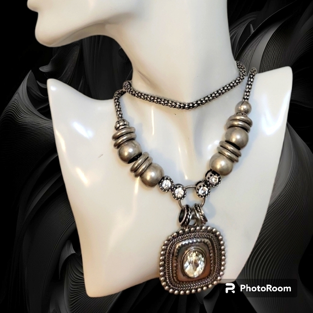 Vtg Chunky Chain Beaded Square Pendant Baddie Unisex Necklace